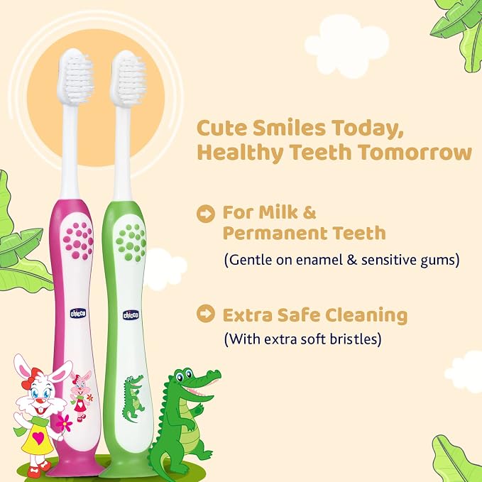Chicco 3 - 8 Years Kids Toothbrush (Pink & Green) - 2 pcs