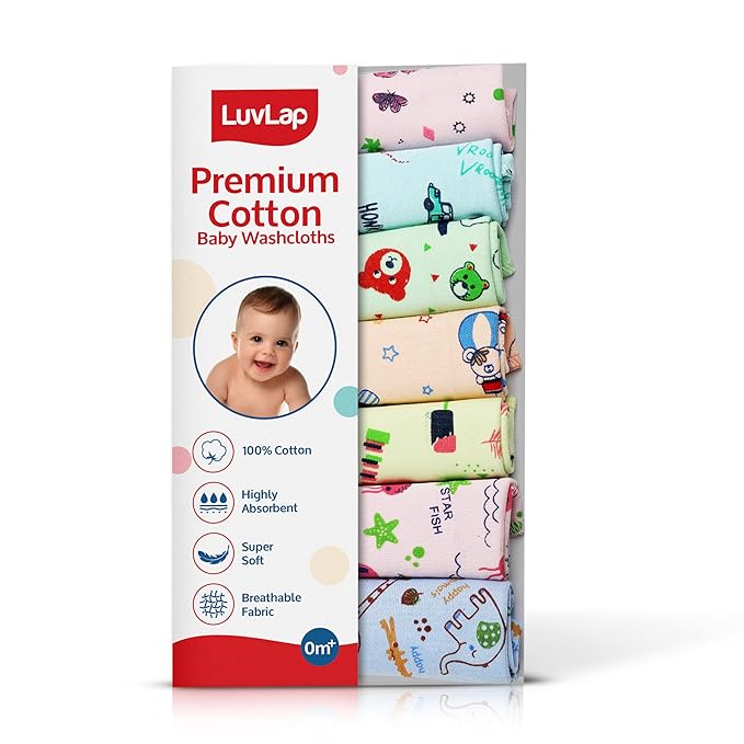 LuvLap Soft & Absorbent Baby Wash Cloth (Multicolour) - 7 pcs