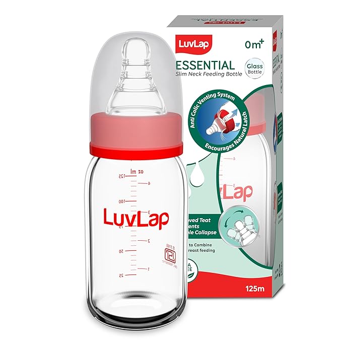 LuvLap Essential Slim Neck Baby Feeding Bottle (Red) - 125 ml