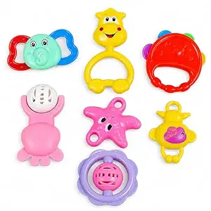Toyshine Non-Toxic Baby Rattle with Teathers for New Born Babies - 7 pcs