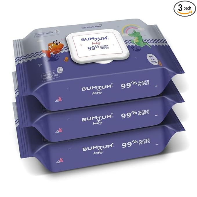 Bumtum 99% Water Baby Wipes with Lid - 3 x 72 wipes